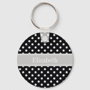 Black White Polka Dots Gray Name Monogram Key Ring