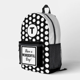 Black White Polka Dots Monogram Circle Printed Backpack