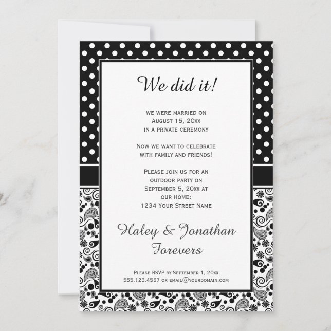 Black White Polka Dots over Paisley Reception Only Invitation (Front)