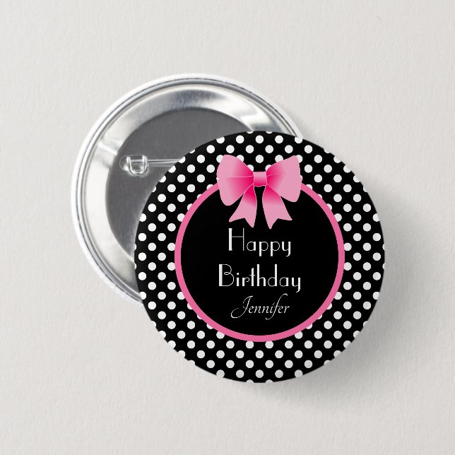 Black & White Polka Dots Pattern Pink Bow Name 6 Cm Round Badge (Front & Back)