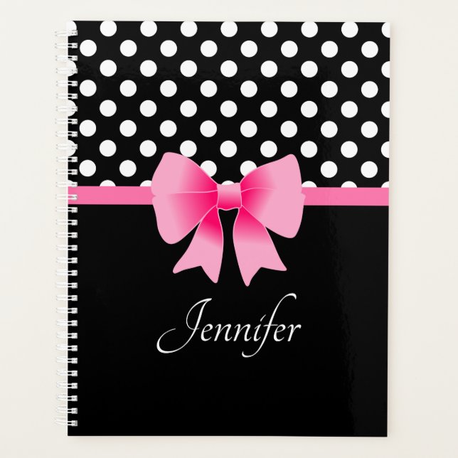 Black & White Polka Dots Pattern Pink Bow Name Planner (Front)