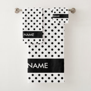 Black white polka dots personalized bath towel set
