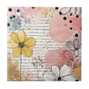 Black White Polka Dots - Pink Floral Sketches Tile