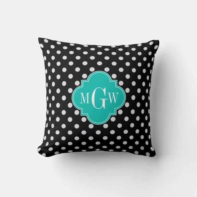 Black White Polka Dots Teal Quatrefoil 3 Monogram Cushion (Front)