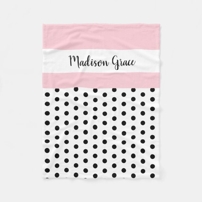 black/white polka dots w pink/white; personalised fleece blanket (Front)