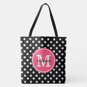 Black & White Polka Dots with Pink Monogram Tote Bag