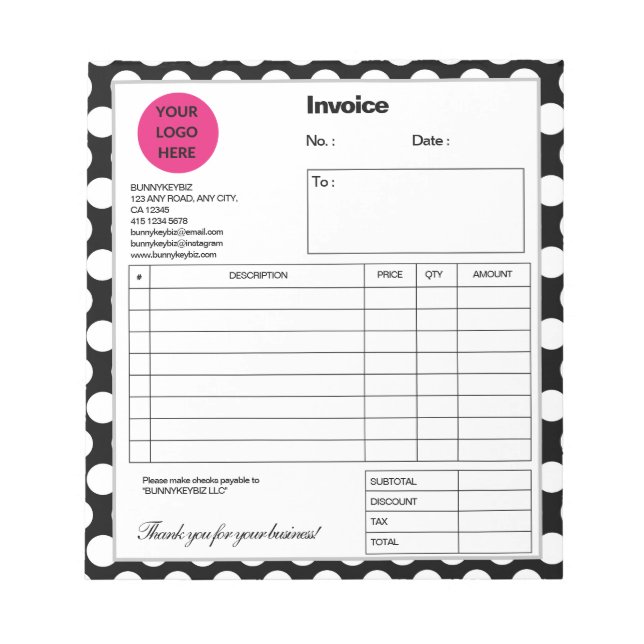 Black White Polkadot Company Business Shop Invoice Notepad (Front)