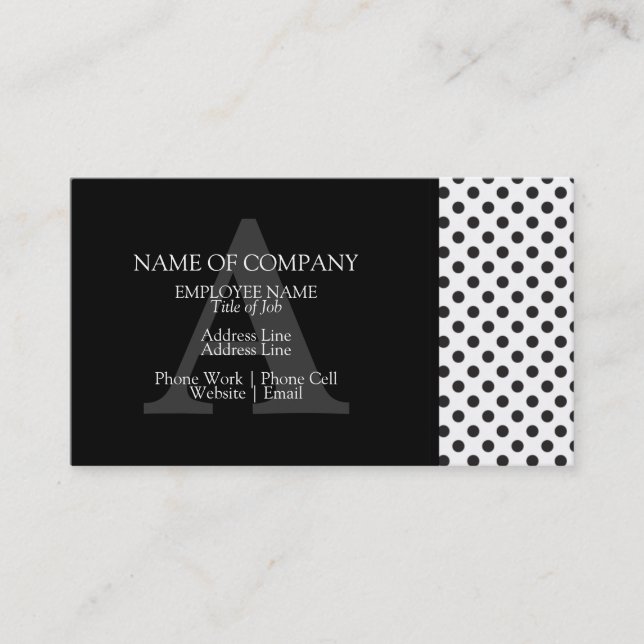 Black White Polkadots Grey Designer Monogram Business Card (Front)