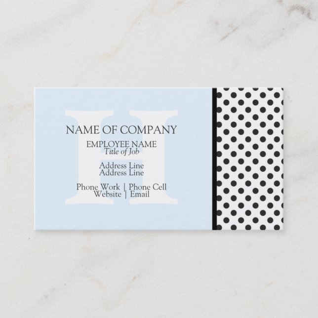 Black White PolkaDots Light Blue Designer Monogram Business Card (Front)