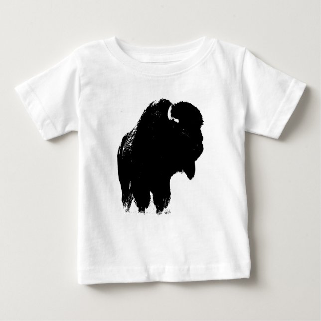 Black & White Pop Art Bison Buffalo Baby T-Shirt (Front)
