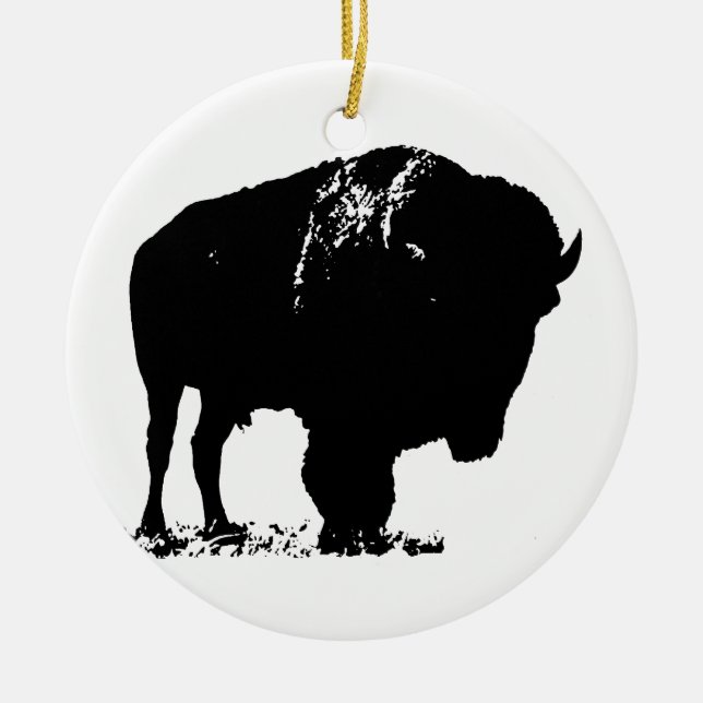 Black & White Pop Art Bison Buffalo Ceramic Tree Decoration (Front)