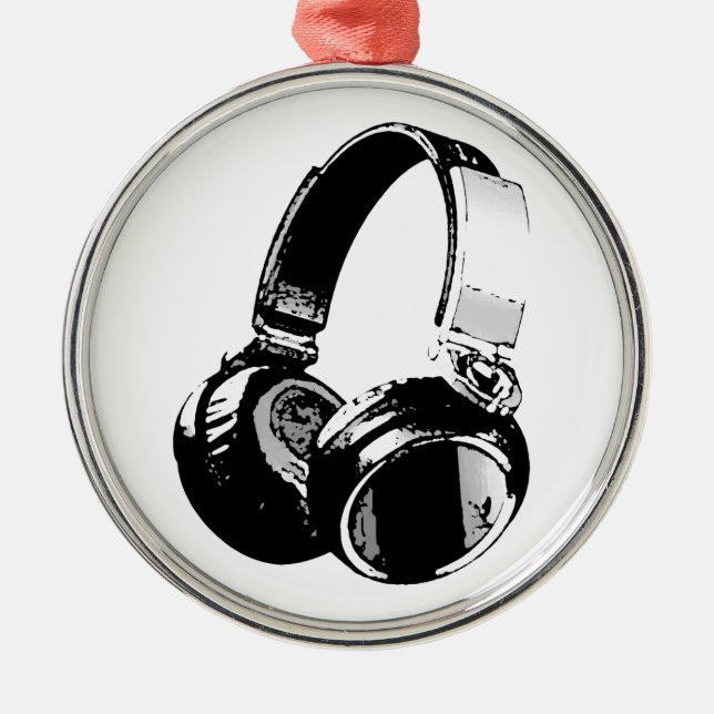 Black & White Pop Art Headphone Metal Tree Decoration (Front)