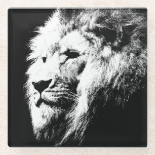 Black & White Pop Art Lion Head Modern Trendy Glass Coaster
