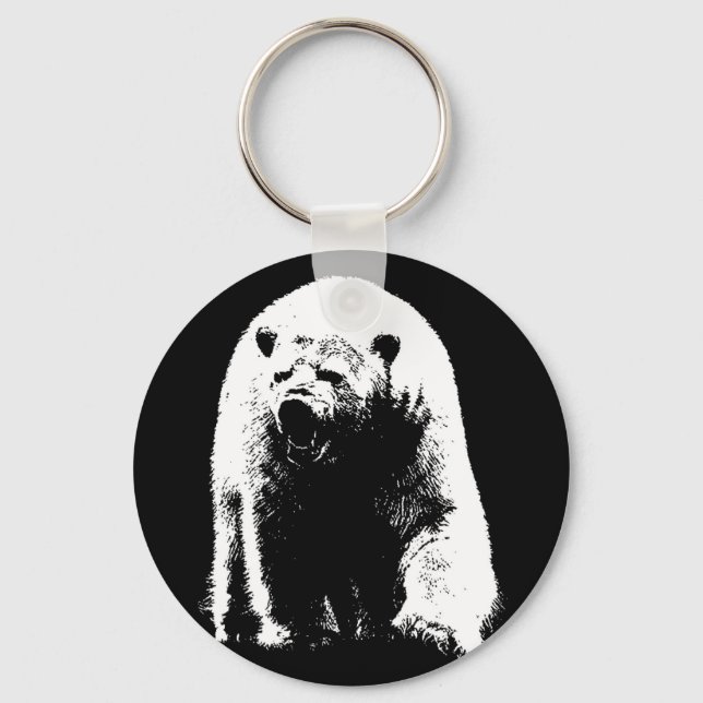 Black & White Pop Art Polar Bear Key Ring (Front)