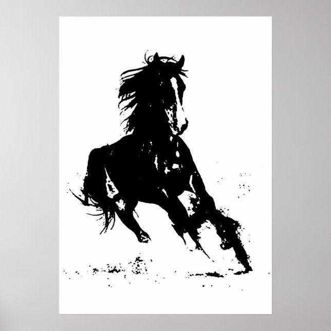Black White Pop Art Running Horse Silhouette Poster (Front)