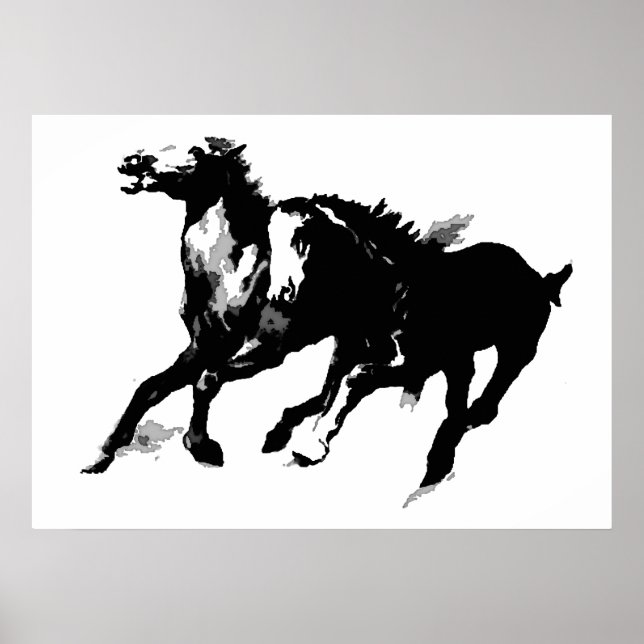 Black White Pop Art Running Horses Silhouettes Poster (Front)