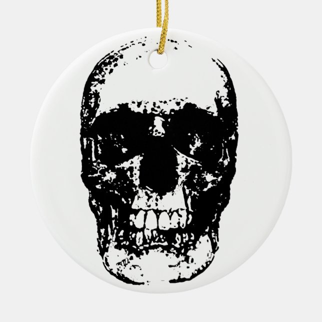 Black & White Pop Art Skull Ceramic Tree Decoration (Front)