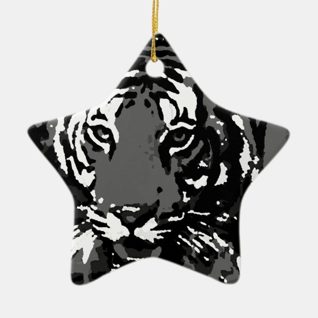 Black White Pop Art Tiger Ceramic Tree Decoration (Front)