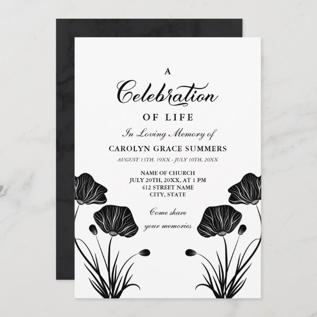 Black & White Poppies Celebration of Life Invitation (Front/Back)