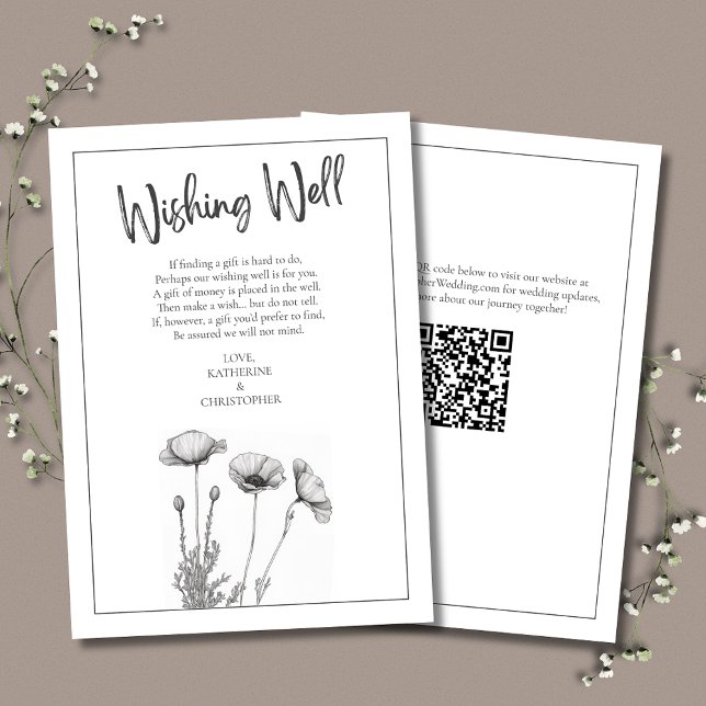 Black & White Poppies Elegant Wedding Wishing Well Enclosure Card (Elegant Wedding Wishing Well Enclosure Card with White Poppies & QR Code for wedding website.)