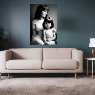 Black White portrait Mother and daughter AI Art Poster