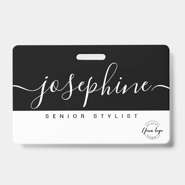 Black White Pretty Script Name Personalised  ID Badge (Front)