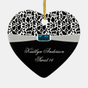 Black White Print and Blue Jewel Sweet 16 RE-DO Ceramic Tree Decoration