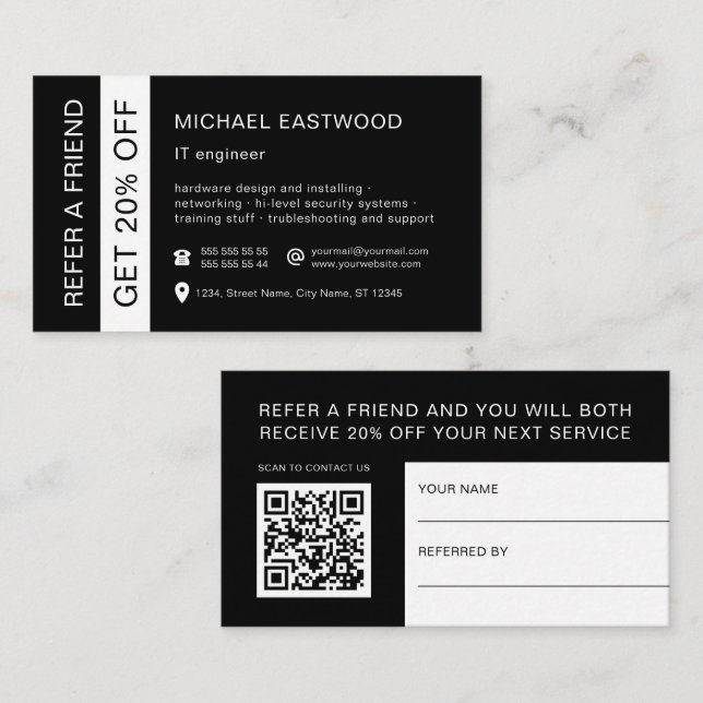 Black White Professional 2 in 1 Business And Referral Card (Front/Back)