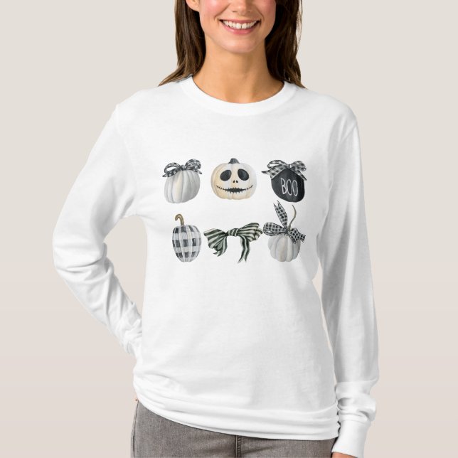 Black White Pumpkin Coquette Bow Halloween  T-Shirt (Front)