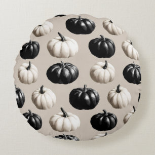 Black & White Pumpkin Fall Design Round Cushion