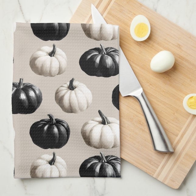 Black & White Pumpkin Fall Design Tea Towel (Quarter Fold)