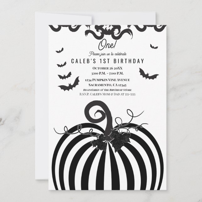 Black & White Pumpkin Halloween 1st Birthday Invitation (Front)