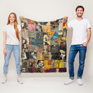 Black White Punk Rock Comic Collage Grid Fleece Blanket