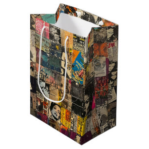 Black White Punk Rock Comic Collage Grid Medium Gift Bag