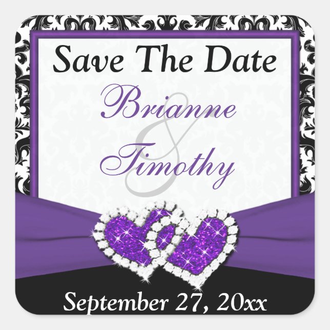 Black White Purple Damask 1.5" Save The Date Stick Square Sticker (Front)