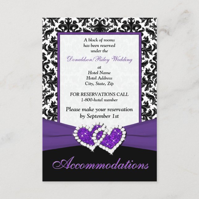 Black White Purple Damask Hearts Enclosure Card (Front)