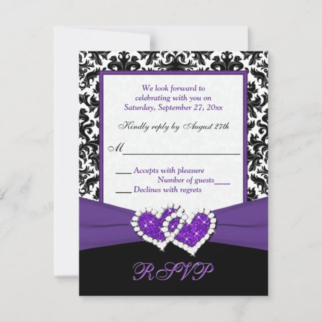 Black, White, Purple Damask & Hearts Reply Card (Front)
