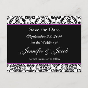 Black White Purple Damask Save Date Postcard