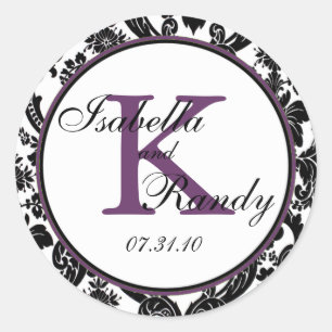 Black White Purple Damask Wedding Favour Classic Round Sticker