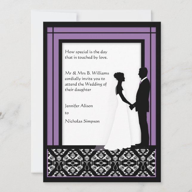 Black, White & Purple Damask Wedding Invitations (Front)