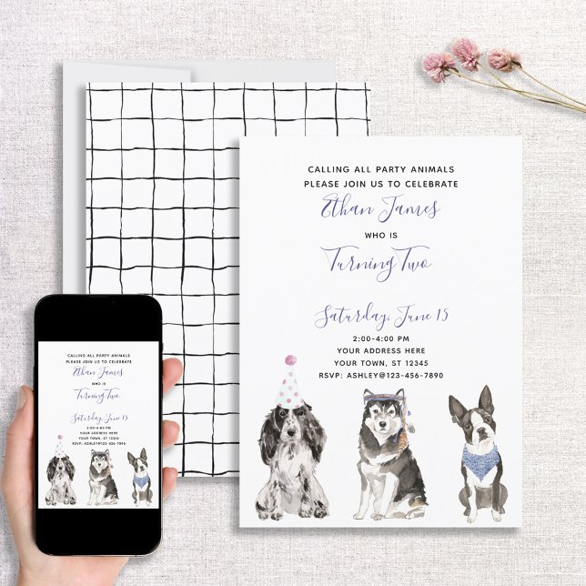 Black White Purple Dog Baby's 2nd Birthday Party Invitation (Creator Uploaded)
