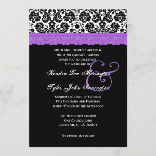 Black White Purple Lace Flower Damask Wedding V18 Invitation