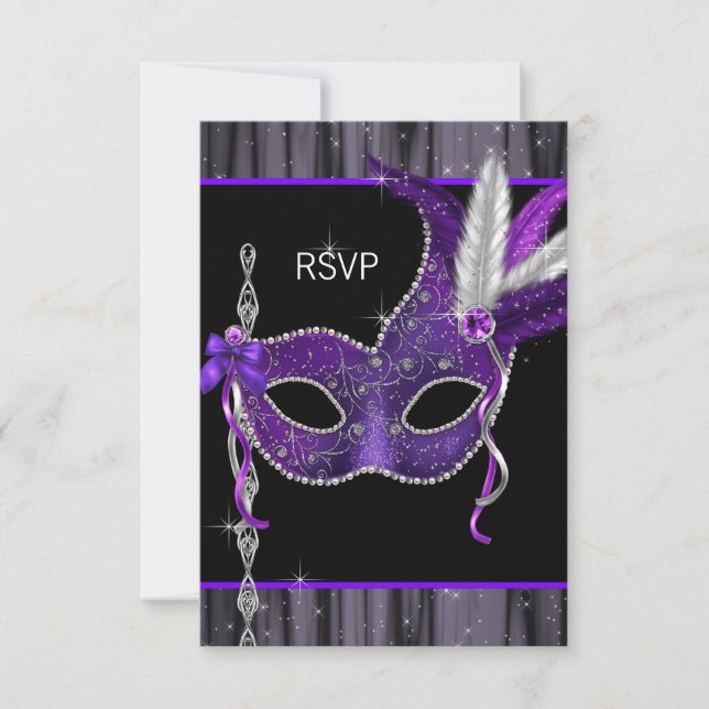 Black White Purple Masquerade Party RSVP (Front)