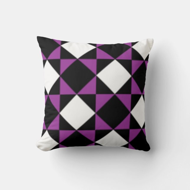 Black White Purple Modern Diamond  Check Pattern Cushion (Front)