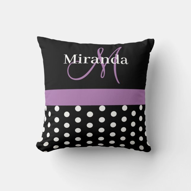 Black White Purple Monogram Script Polka Dots Cushion (Front)