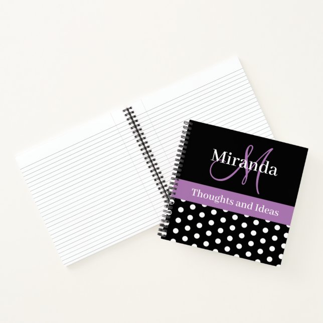 Black White Purple Monogram Script Polka Dots Notebook (Inside)