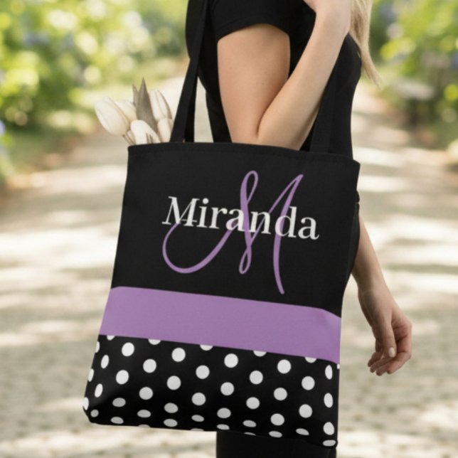 Black White Purple Monogram Script Polka Dots Tote Bag (Creator Uploaded)