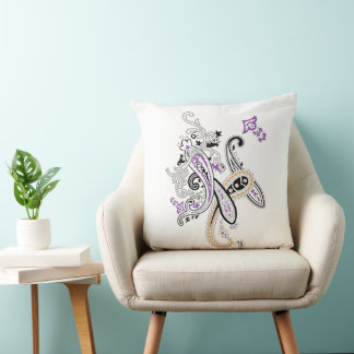 Black White Purple Orange Ornate Paisley Cushion