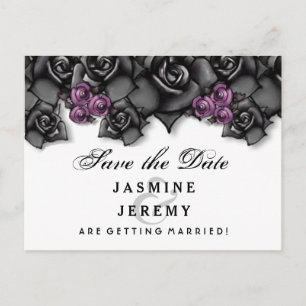 Black White Purple Roses Halloween Save Date Announcement Postcard