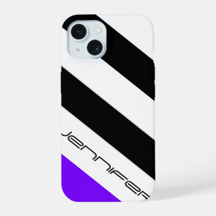 Black, White, Purple Stripe, Name, Minimalist iPhone 15 Case